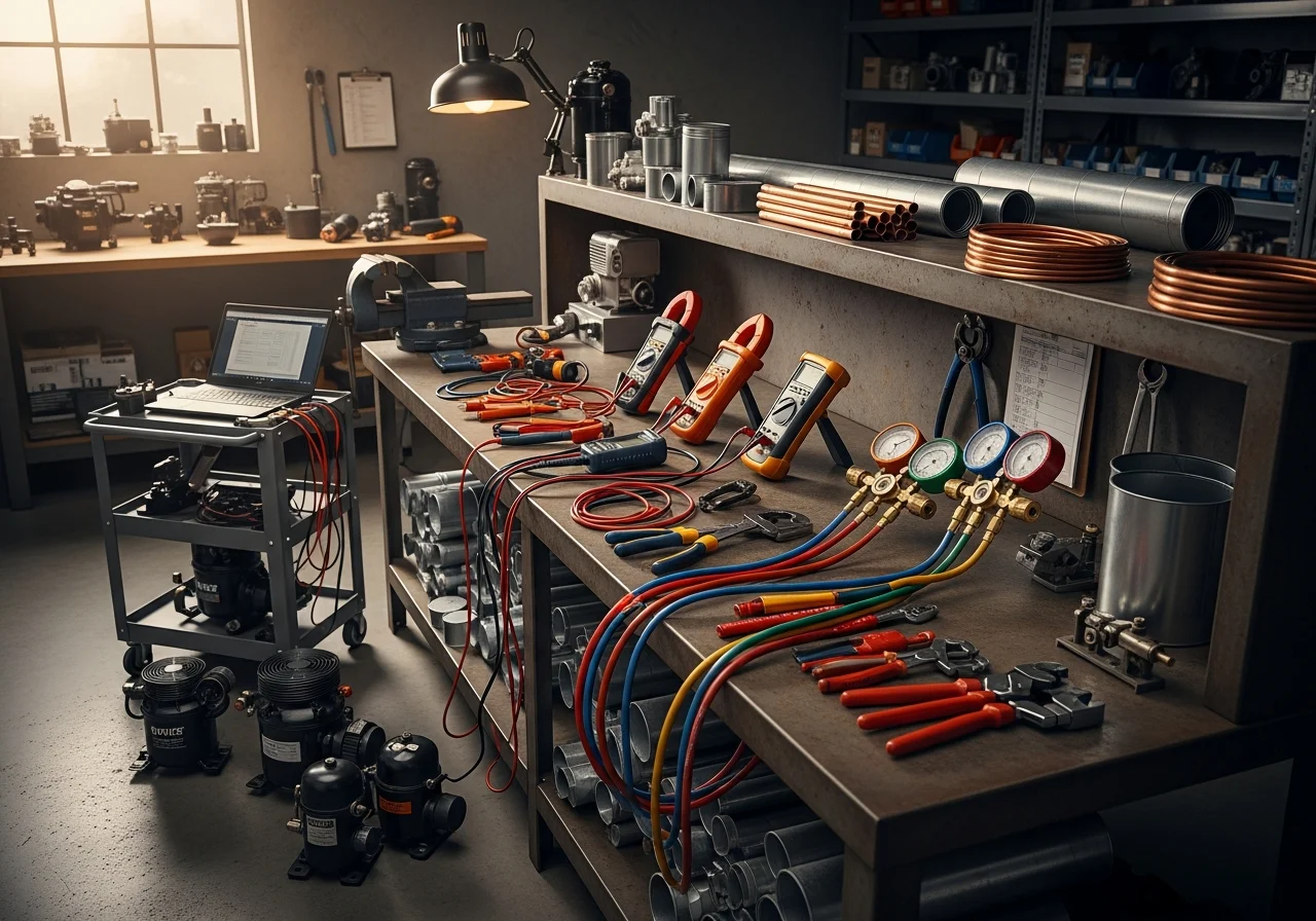 HVAC technician tools and equipment on a workbench, representing professional heating and air conditioning service readiness.