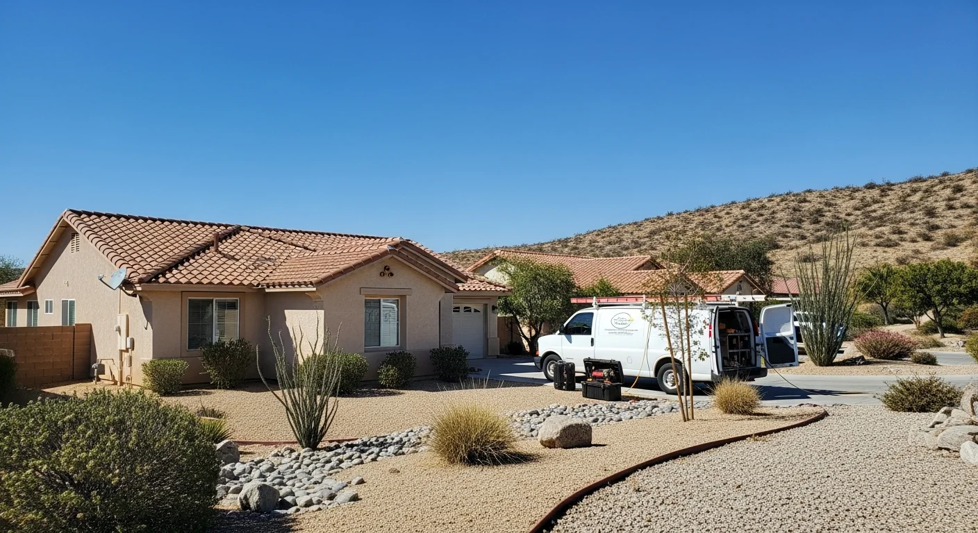 Wide view of a residential property in Riverside County with clear blue sky and desert landscaping typical of the region.