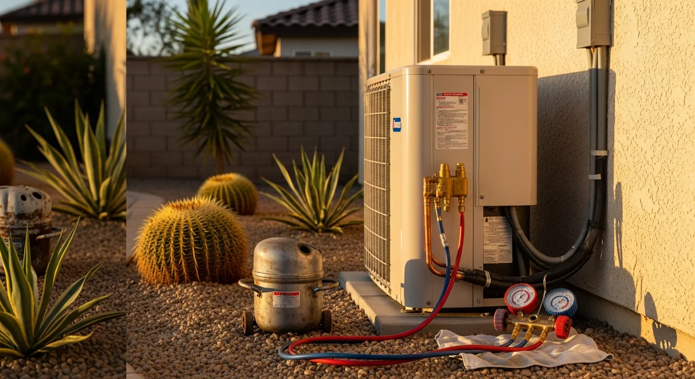 A licensed HVAC technician from Eazy Cool HVAC installing a new outdoor AC condenser unit beside a single-family home in Riverside County. The unit is positioned on a concrete pad in a dry, sun-exposed side yard typical of Inland Empire residential properties.