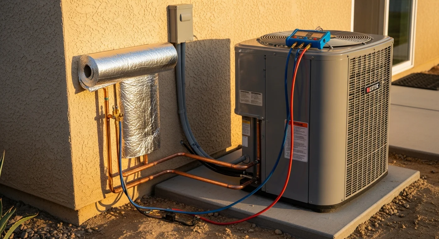 An Eazy Cool HVAC technician completing an outdoor condenser unit installation at a single-family home in Riverside County, California. The unit is mounted on a concrete pad beside the home's exterior wall under a clear, sunny Inland Empire sky.