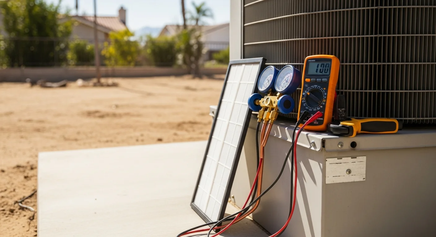 An Eazy Cool HVAC technician inspecting and cleaning the outdoor condenser unit of a residential air conditioning system in Riverside County. The unit sits beside a stucco home exterior under clear, sunny skies typical of the Inland Empire.
