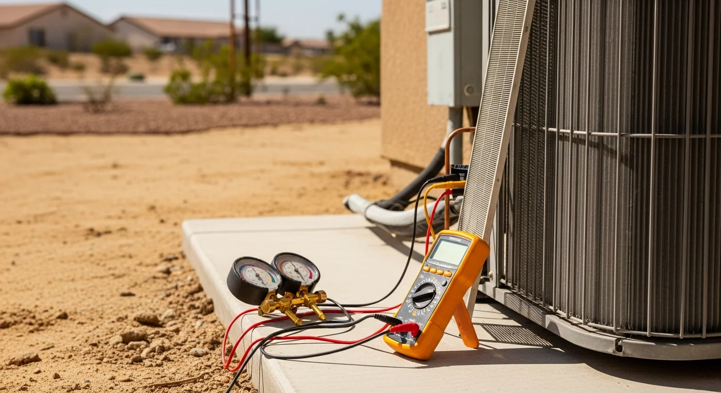 An Eazy Cool HVAC technician inspecting an outdoor AC condenser unit at a single-family home in Riverside County, California. The unit sits on a concrete pad beside a stucco exterior wall under a clear, sunny sky.