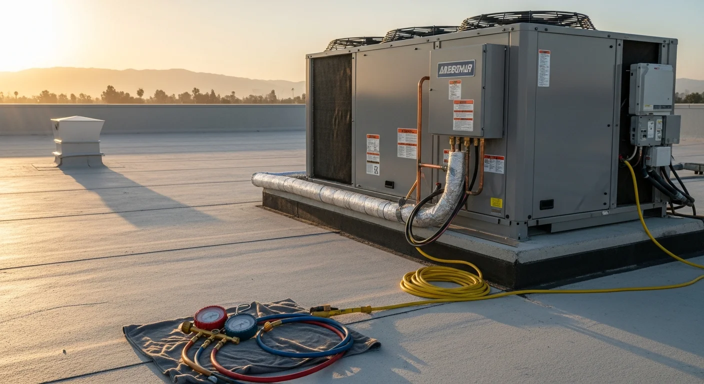 A commercial rooftop HVAC unit freshly installed on a flat-roof office building in Riverside County, California, with clear blue sky and surrounding inland terrain visible in the background. A technician in work gear checks system connections at the unit access panel.