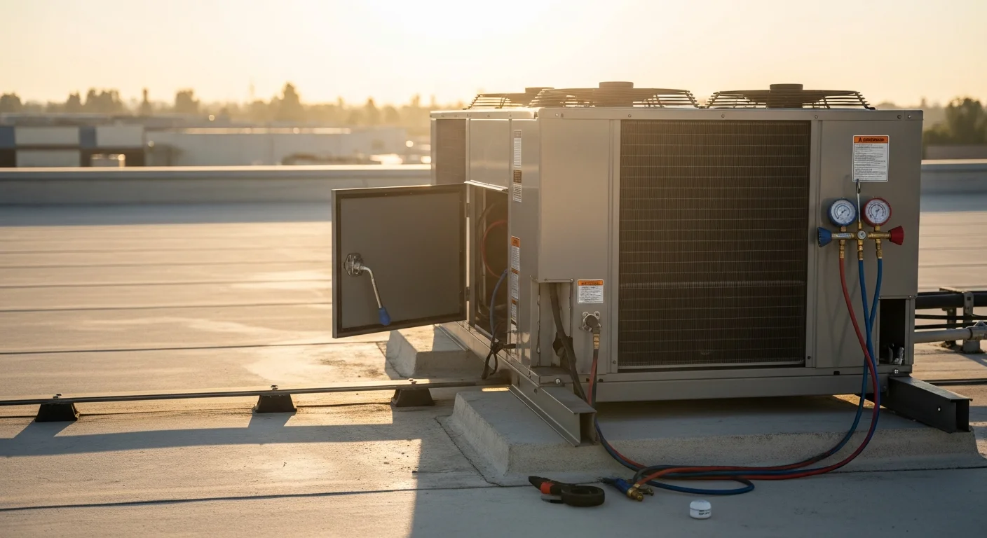 A commercial HVAC technician from Eazy Cool HVAC inspecting a rooftop package unit on a commercial building in Riverside County, California. The unit shows clean coils and organized refrigerant lines following a scheduled maintenance visit.