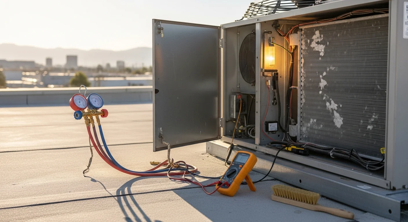 A commercial rooftop HVAC unit on a flat-roof building in Riverside County being inspected by an Eazy Cool HVAC technician. The unit shows signs of heavy use consistent with the region's high-heat, dusty climate conditions.