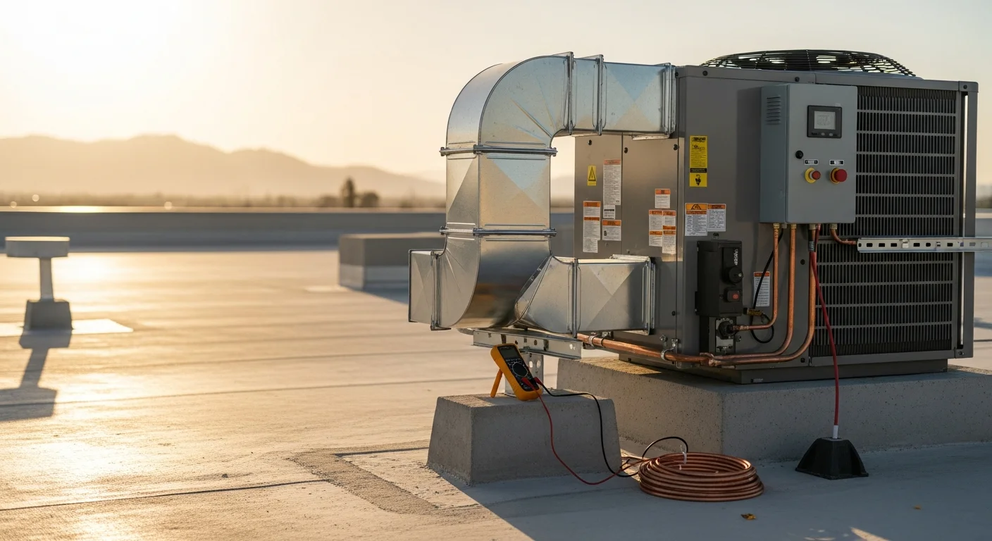 A commercial rooftop HVAC unit being replaced on a flat-roof building in Riverside County, California, with a technician from Eazy Cool HVAC overseeing the installation. The surrounding landscape reflects the dry, sun-exposed conditions typical of the Inland Empire.