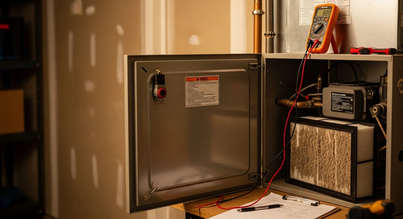 An Eazy Cool HVAC technician inspecting an open furnace unit inside a Riverside County home. The technician holds a diagnostic tool while checking internal components during an emergency heating service call.