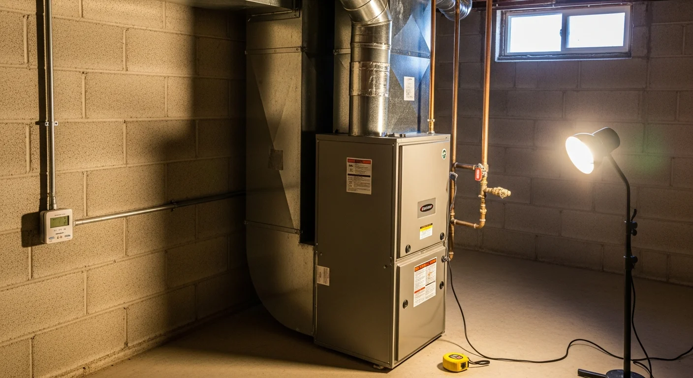 A newly installed gas furnace inside a Riverside County home utility closet, with clean ductwork connections and a properly secured flue vent. A heating contractor from Eazy Cool HVAC inspects the unit after installation.