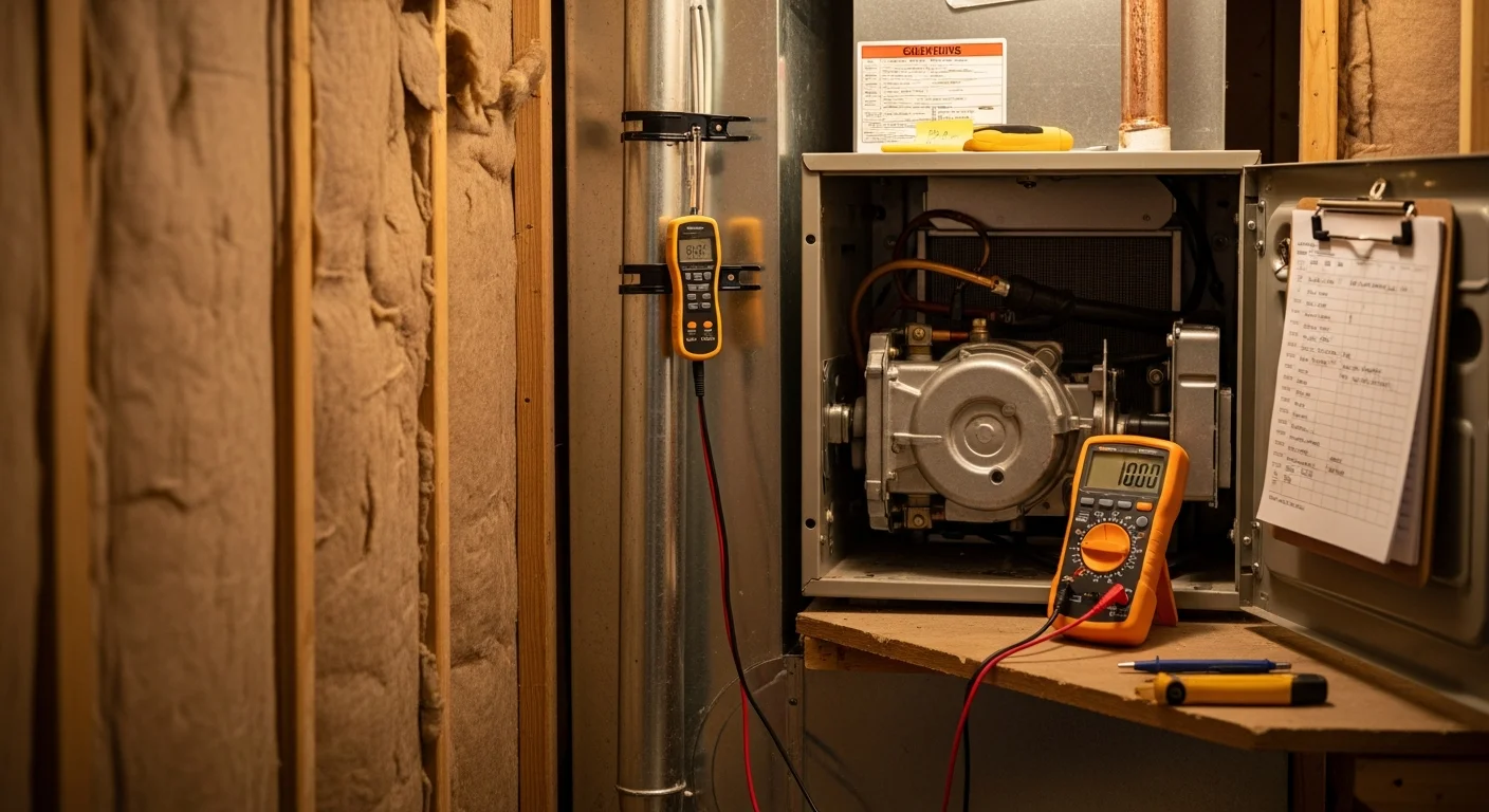 A heating contractor from Eazy Cool HVAC inspecting the interior components of a residential gas furnace in a Riverside County home. The technician checks the burner assembly and heat exchanger during a furnace repair service call.