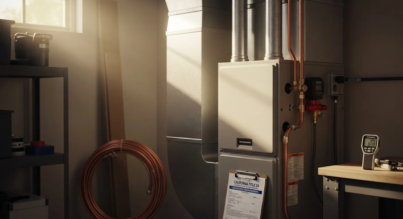 A newly installed gas furnace in the utility room of a single-family home in Riverside County, with clean venting connections and sealed ductwork visible. An Eazy Cool HVAC technician checks the system controls after completing the furnace replacement.