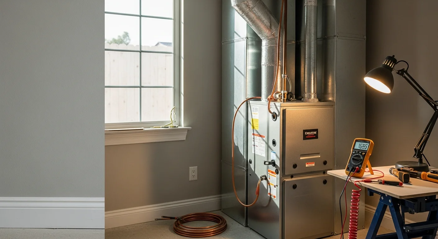 An Eazy Cool HVAC technician completing a heating system installation inside a Riverside County home, with new equipment connected and ductwork visible in the utility area.