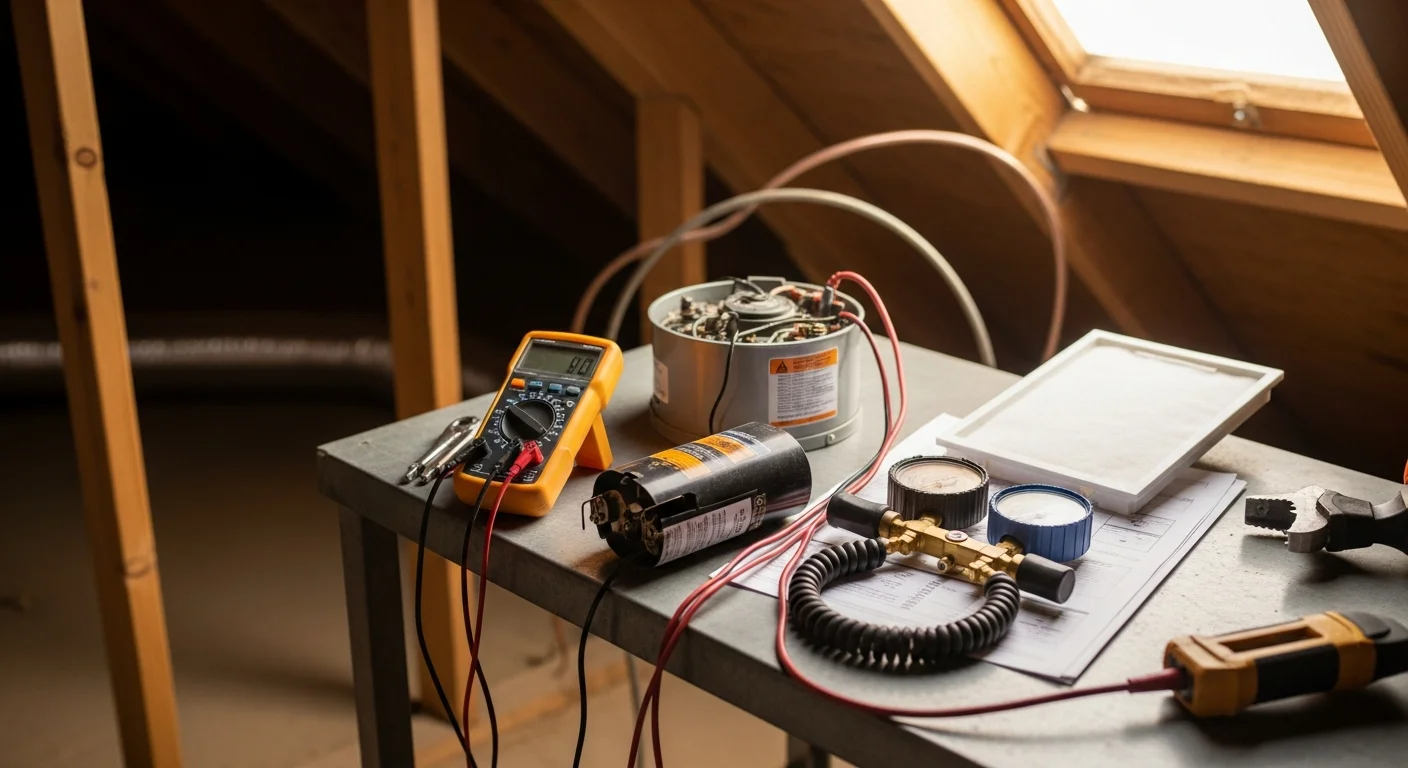 An Eazy Cool HVAC technician inspecting and cleaning the condenser coils of a residential air conditioning unit outside a single-family home in Riverside County, California. The outdoor unit sits on a concrete pad in a dry, sun-exposed backyard typical of the Inland Empire.