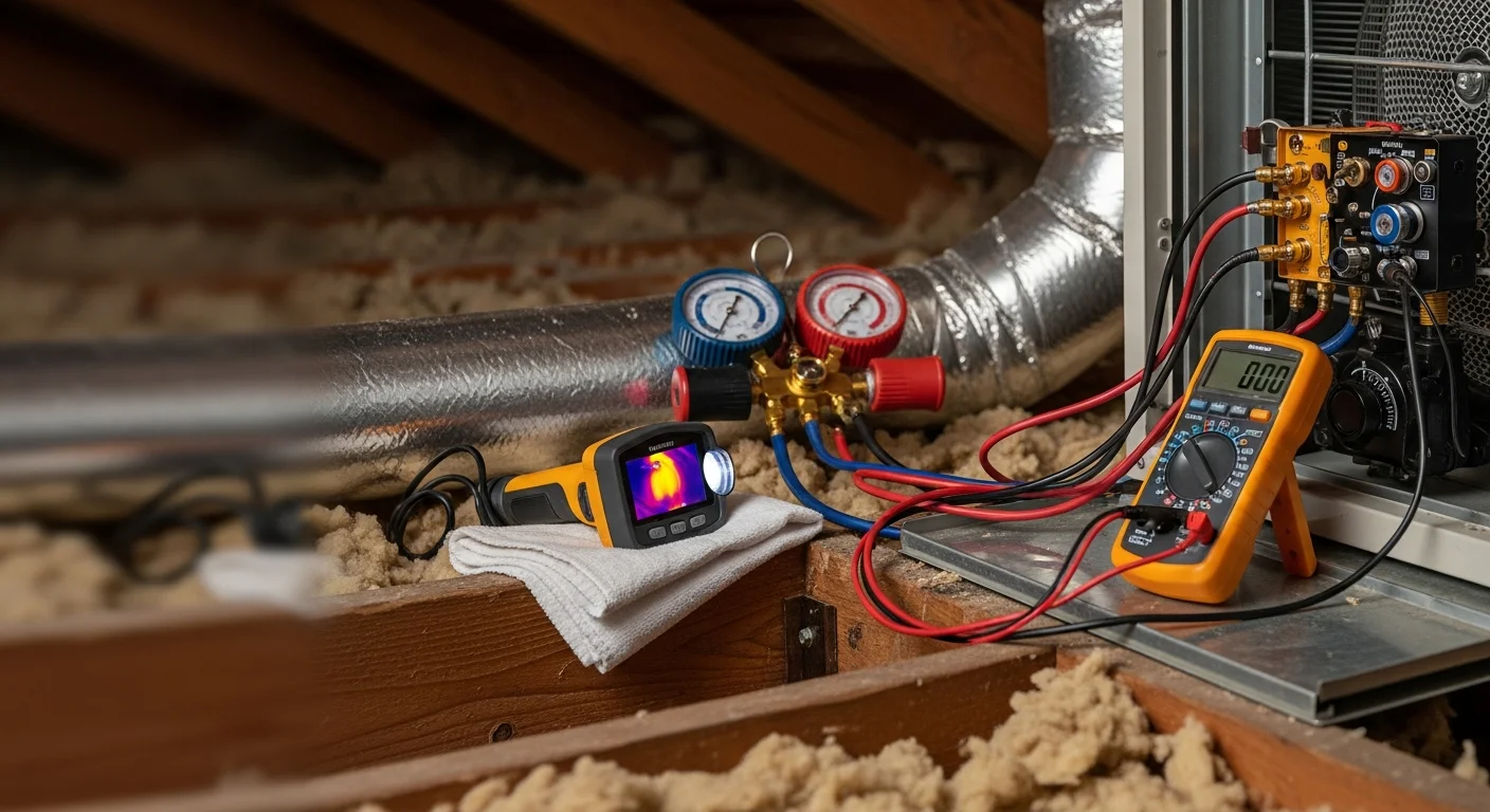 An Eazy Cool HVAC technician inspecting an outdoor air conditioning condenser unit at a single-family home in Riverside County, California. The technician is checking internal components on a clear, sunny day typical of the Inland Empire.