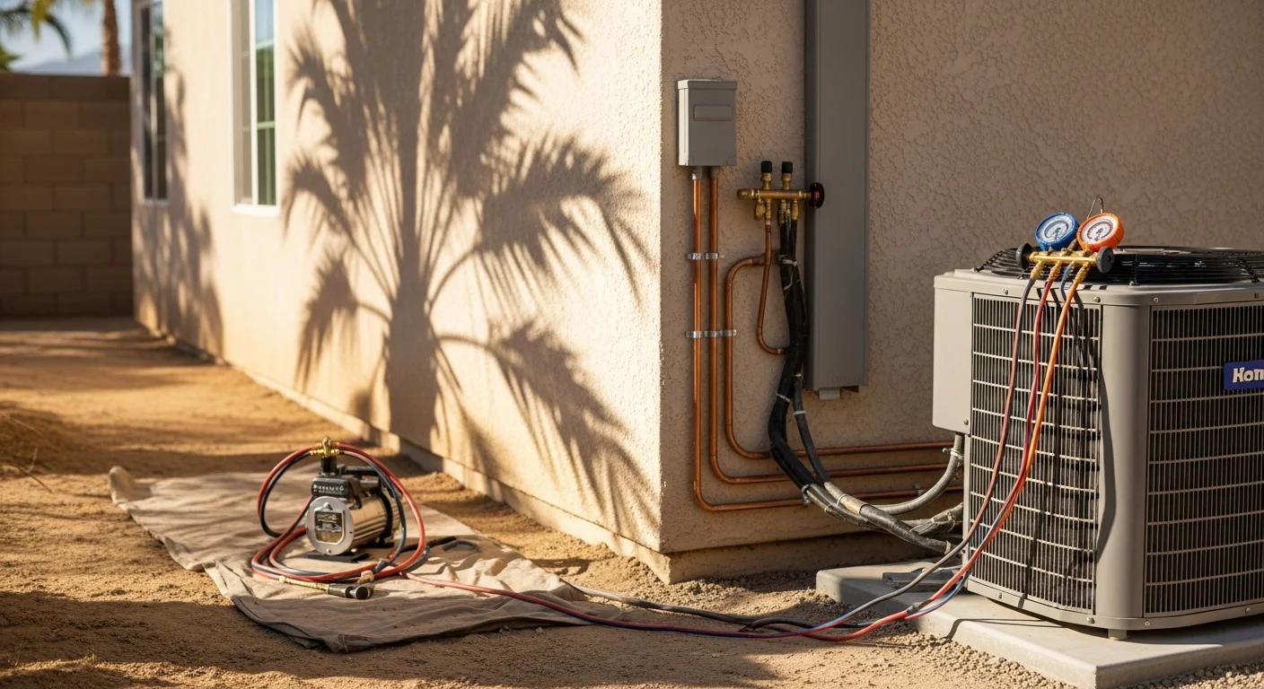 A newly installed HVAC outdoor condenser unit placed beside a single-family home in Riverside County, California. A technician in a work uniform checks the system connections on a clear, sunny day.