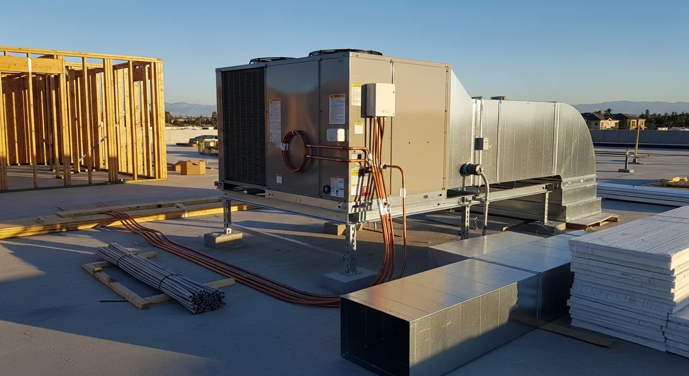 Commercial rooftop HVAC units installed on a newly constructed building in Riverside County, California. Ductwork and air handlers are visible inside the unfinished building interior during the construction phase.
